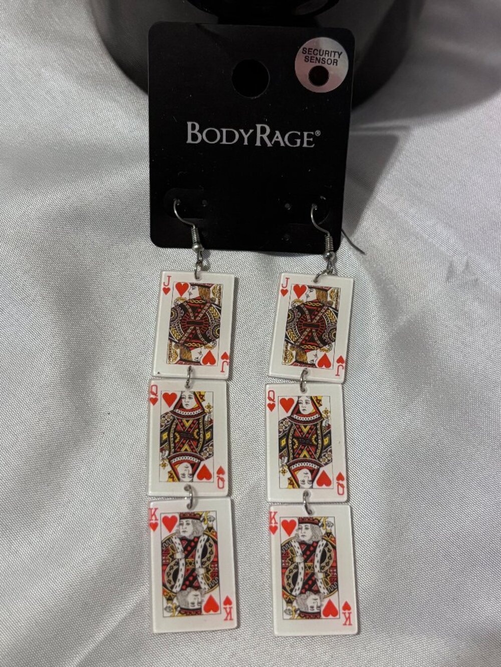 Body Rage Playing Card Dangle Earrings Jack Queen King Hearts NWT